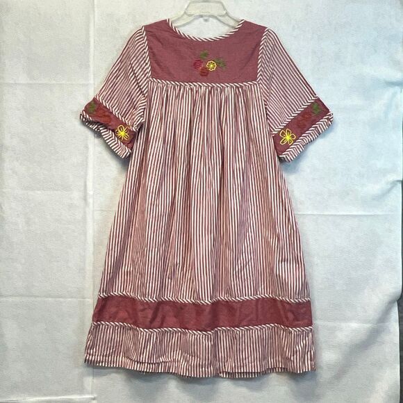 BECHAMEL Embroidered Floral Cotton Dress Small Red White Stripes Pockets Garden - Picture 11 of 15